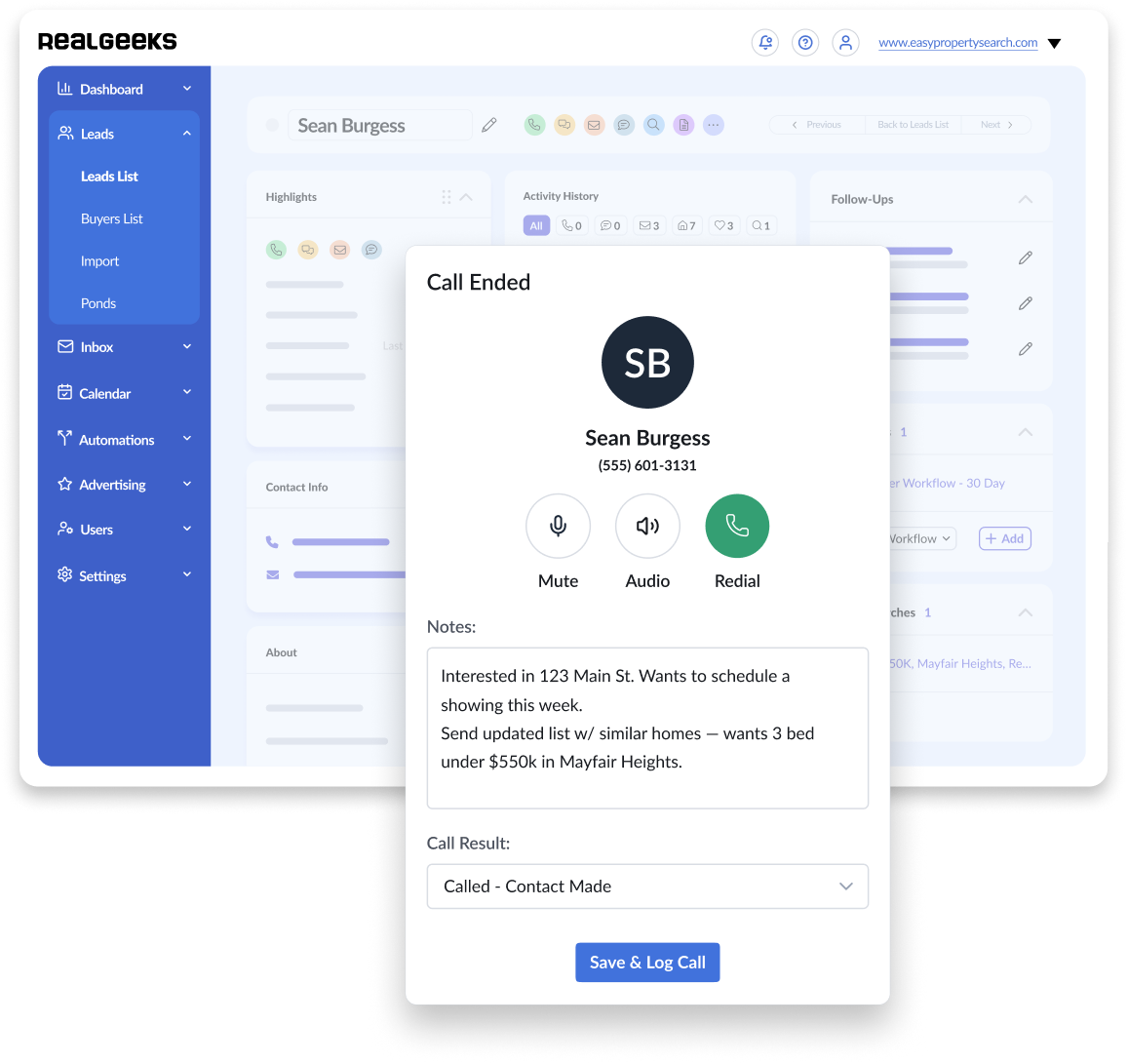 Illustration of the Real Geeks Dialer showing an in-progress call and agent notes inside the CRM.